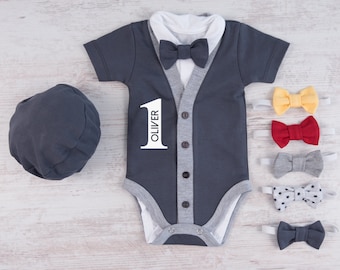 1st Birthday Boy Outfit, Personalized Graphite Gray Cardigan, Bodysuit, Hat & Bow Tie Set, First Birthday Photo Props, One Year Old Boy