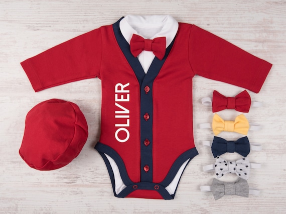 Christmas Baby Outfit Personalized Baby Boy Gift Red navy Cardigan Bodysuit Hat Bow Tie Set 1st Christmas Boy Outfit Christmas Gifts Etsy UK