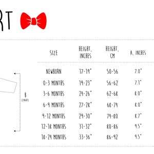 Puede incluir: Una tabla de tallas para ropa de beb&eacute; con un dibujo lineal en blanco y negro de un body de manga larga con pajarita. La tabla incluye columnas para la talla, la altura en cm, las medidas A y B en pulgadas y la circunferencia del gorro en pulgadas.