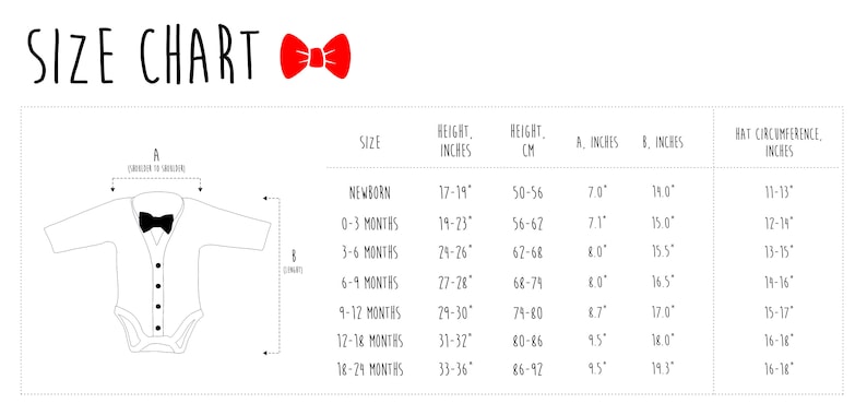 Puede incluir: Una tabla de tallas para ropa de beb&eacute; con un dibujo lineal en blanco y negro de un body de manga larga con pajarita. La tabla incluye columnas para la talla, la altura en cm, las medidas A y B en pulgadas y la circunferencia del gorro en pulgadas.