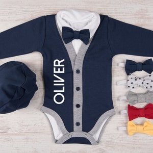 Baby Boy Coming Home Outfit, Personalized Navy Cardigan, Bodysuit, Hat & Bow Tie Set, Baby Boy Clothes, Baby Boy Gift image 3