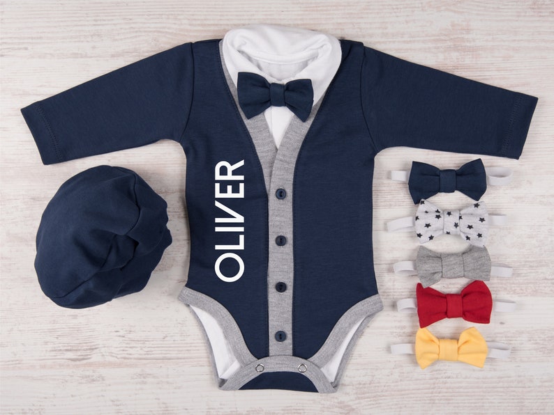 Baby Boy Coming Home Outfit, Personalized Navy Cardigan, Bodysuit, Hat & Bow Tie Set, Baby Boy Clothes, Baby Boy Gift image 3