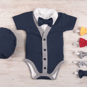 Navy Baby Boy Outfit, Cardigan Bodysuit, Hat & Bow Tie Set