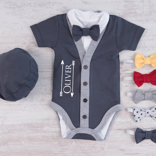 Personalized Baby Boy Gift, Graphite Gray Cardigan, Bodysuit, Hat & Bow Tie Set, Baby Boy Outfit, Newborn Photo Prop, Newborn Clothes Boy