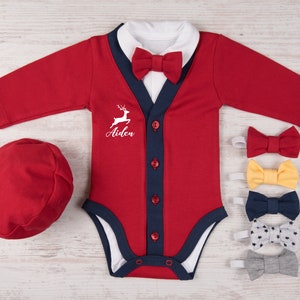First Christmas Outfit Boy, Personalized Baby Boy Christmas Outfit, Red/Navy Cardigan, Bodysuit, Hat & Bow Tie Set, 1st Christmas Boy Outfit image 1