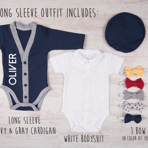 Baby Boy Coming Home Outfit, Personalized Navy Cardigan, Bodysuit, Hat & Bow Tie Set, Baby Boy Clothes, Baby Boy Gift image 4