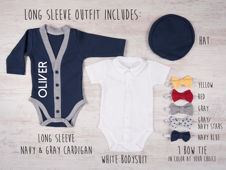 Baby Boy Coming Home Outfit, Personalized Navy Cardigan, Bodysuit, Hat & Bow Tie Set, Baby Boy Clothes, Baby Boy Gift image 4