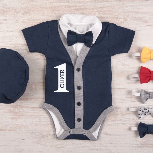 1st Birthday Boy Outfit,  Personalized Navy Cardigan, Bodysuit, Hat & Bow Tie Set, First Birthday Photo Props, One Year Old Boy Birthday