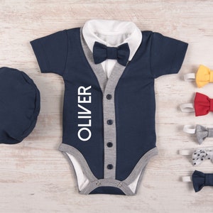 Baby Boy Coming Home Outfit, Personalized Navy Cardigan, Bodysuit, Hat & Bow Tie Set, Baby Boy Clothes, Baby Boy Gift image 1