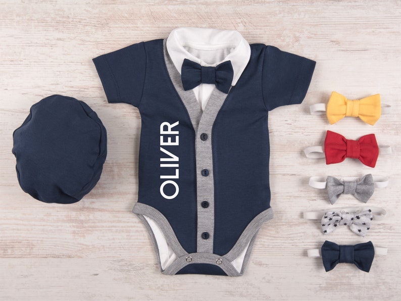 Baby Boy Coming Home Outfit, Personalized Navy Cardigan, Bodysuit, Hat & Bow Tie Set, Baby Boy Clothes, Baby Boy Gift image 1