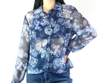 Vintage 90s Sheer Blue Black Button Front Top
