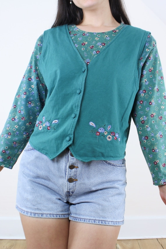 Vintage 90's green floral faux vest top, Capacity… - image 3