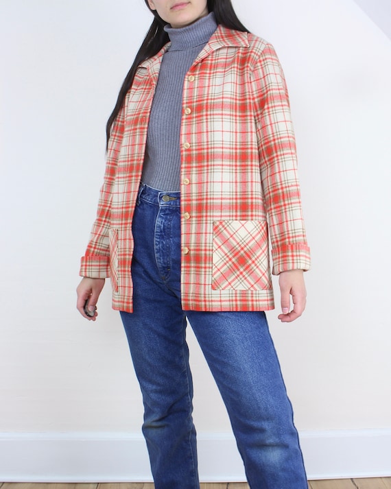 Vintage 70s wool orange plaid shacket, chore jack… - image 8