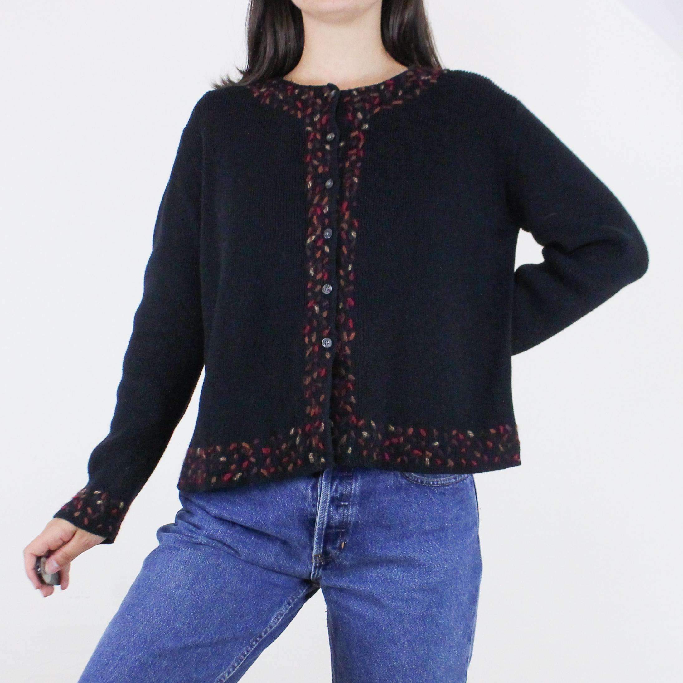 Vintage 90's J.Jill cardigan sweater, black, cotton w/ wool embroidery, button front, boxy fit, moody, dark minimalist lagenlook