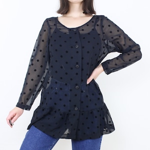Vintage 90&#39;s sheer black top w/ velvet polkadots, Paul Et Differ, tunic, button front, ruffle hem, long sleeve, gothic, grunge, minimalist