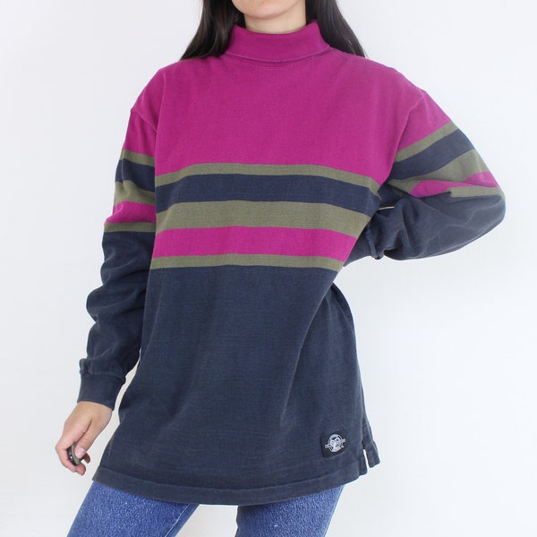 Vintage 90s Woolrich rugby shirt, cotton, sweater, turtleneck, bold stripe, dark pink olive green & black, side slits, long line, sporty