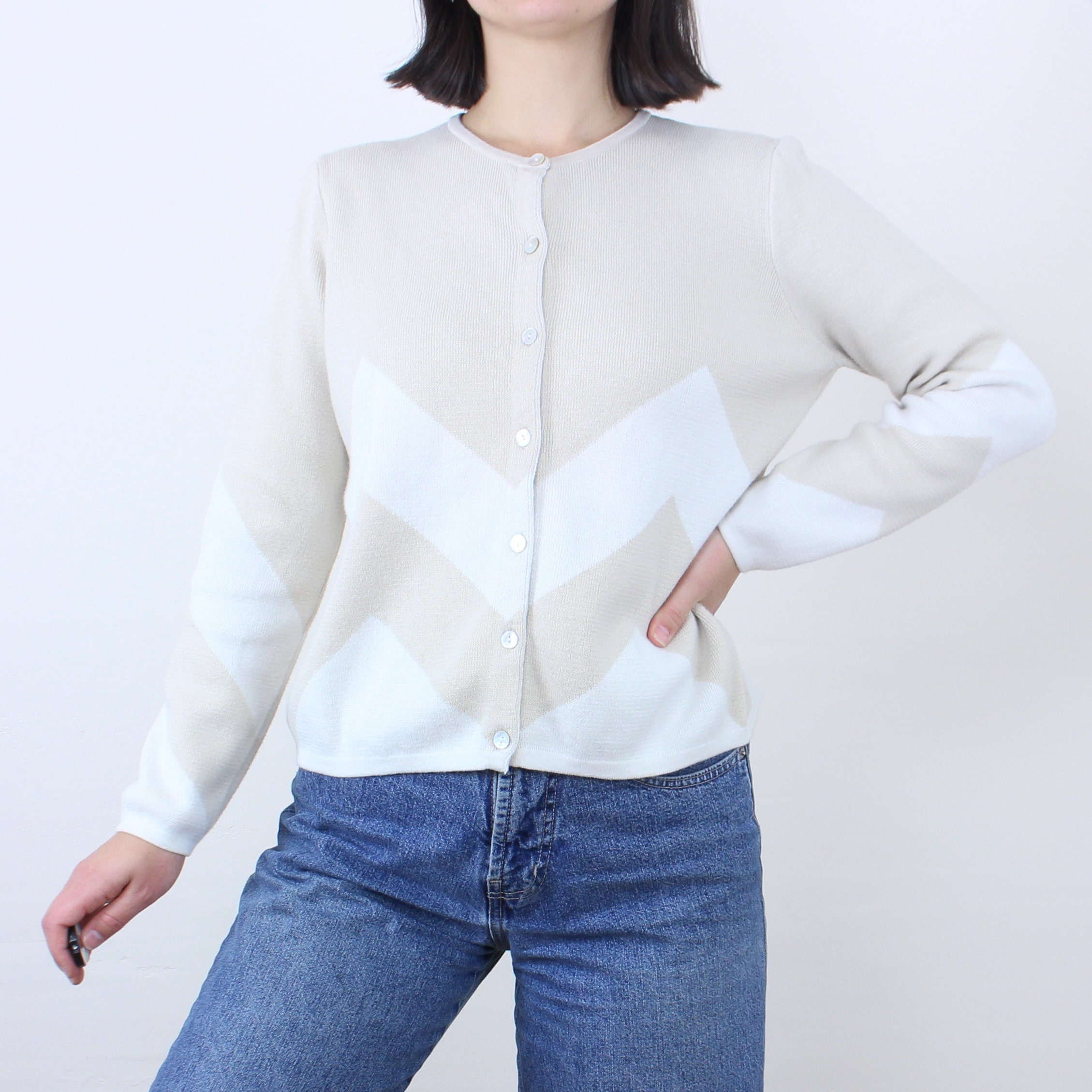 Vintage 90's Zig Zag Cardigan Sweater, Marconi Top, Tan & Cream