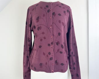 Vintage 90&#39;s moody floral cardigan sweater, acrylic, whimsigoth, burgundy mauve, crew neck, button front, witchy, grunge fairy, Sag Harbor