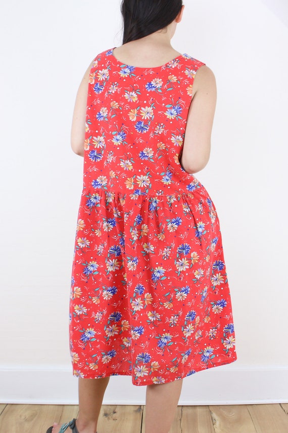 Vintage 80's red floral tank dress, bright red, b… - image 7