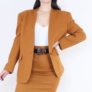 Vintage 90&#39;s mustard suit set, Jones NY, yellow, single button blazer, knee length pencil skirt, longline, belt, wool, lined, dopamine dress