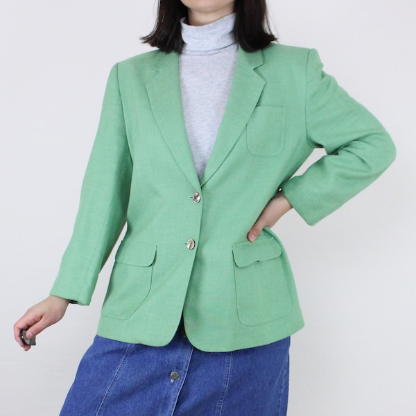 Vintage 90's Lands' End blazer, light bright green, long sleeve, notched collar, button front, flap pockets, lined, minimalist, clean girl