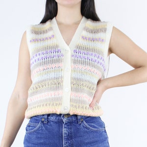 Vintage 90&#39;s pastel knit sweater vest, ivory with purple, brown, yellow, pink, v-neck, button up, sleeveless, dopamine dressing, academia
