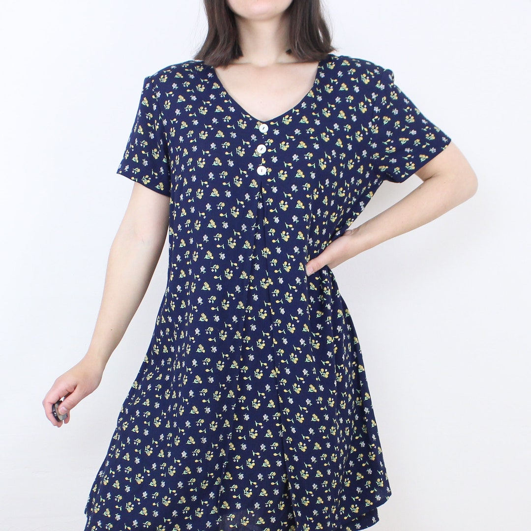 Vintage 90's Ditsy Floral Babydoll Mini Dress, CDC, Navy W/ Yellow ...