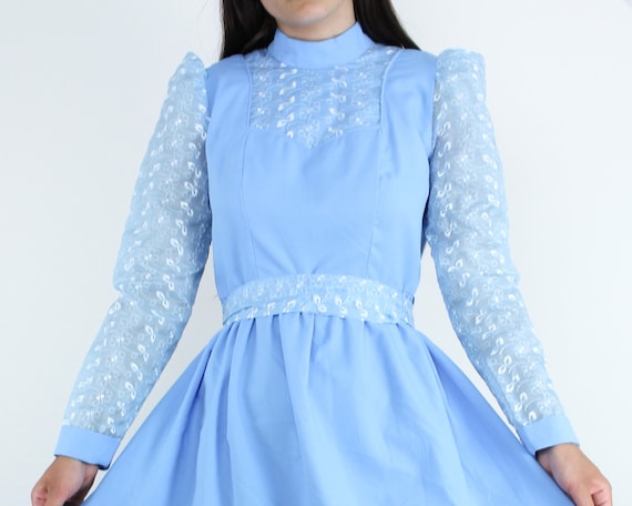 Vintage 70s blue maxi dress, sheer embroidered floral sleeve, prairie dress, puff sleeve, cottage core, gathered waist, ruffle hem skirt