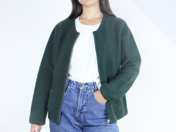 Vintage 90's forest green zip-front wool sweater,… - image 1