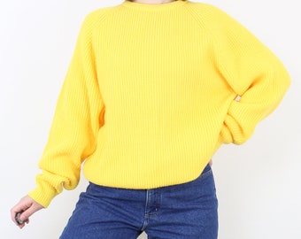 Vintage 80's Men's Store bright yellow pullover sweater, raglan long sleeve, ribbed chunky knit, crewneck, slouchy fit, color block