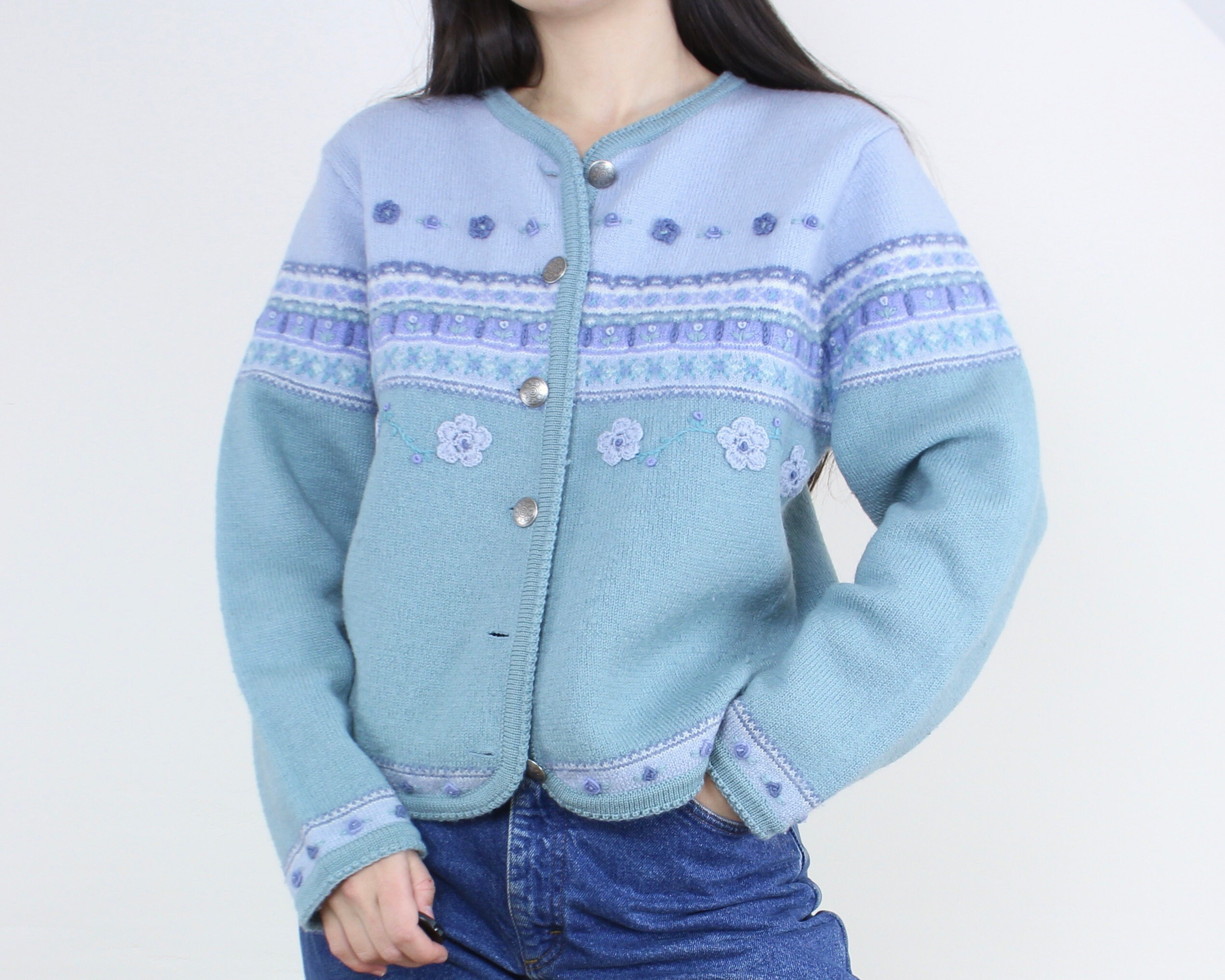 Vintage 90s Wool Cardigan Tally ho Pollak Import Export Corp. Knit Sweater Embroidered Floral Pastel Seafoam and Purple Cottage Core Etsy