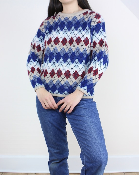 Vintage 90s argyle knit sweater, boxy fit, croppe… - image 2