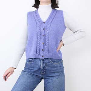 Vintage handmade purple knit vest, lilac, pastel, wool blend, cardigan, button front, cable knit, grandma core, layering, light academic