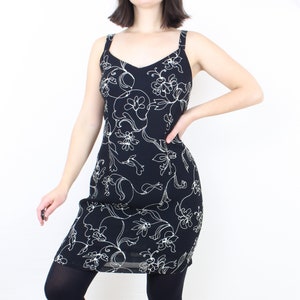 Vintage 90&#39;s rayon tank mini dress, black w/ white floral line drawing pattern, sleeveless, lined, whimsigoth, grunge, party, lightweight