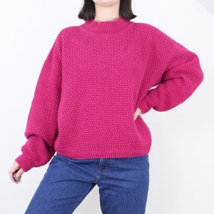Vintage 90&#39;s magenta knit sweater, Northern Isles, mock neck, long sleeve, chunky/nubby knit, boxy fit, dopamine dress, ramie cotton blend