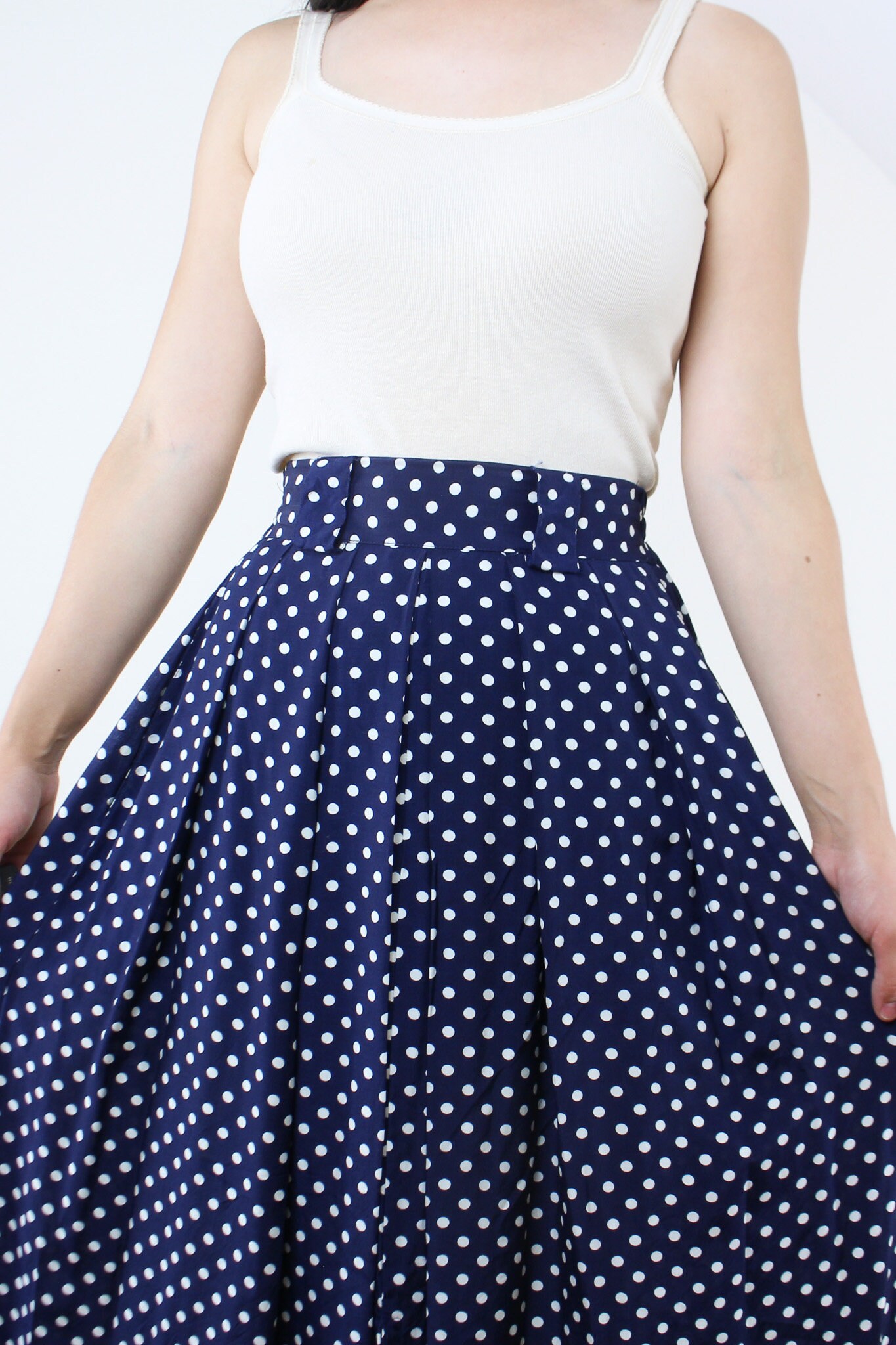 Vintage 90's 24-26W Polkadot Skirt, Navy Blue, White Dots
