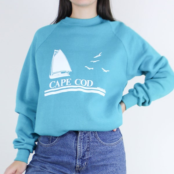 Vintage '86 Jerzees Cape Cod crew neck, teal, pullover sweater, raglan sleeve, athletic, comfy, casual, tourist sweat, boat graphic, coastal