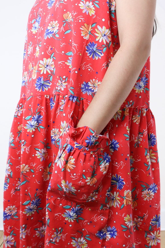 Vintage 80's red floral tank dress, bright red, b… - image 5