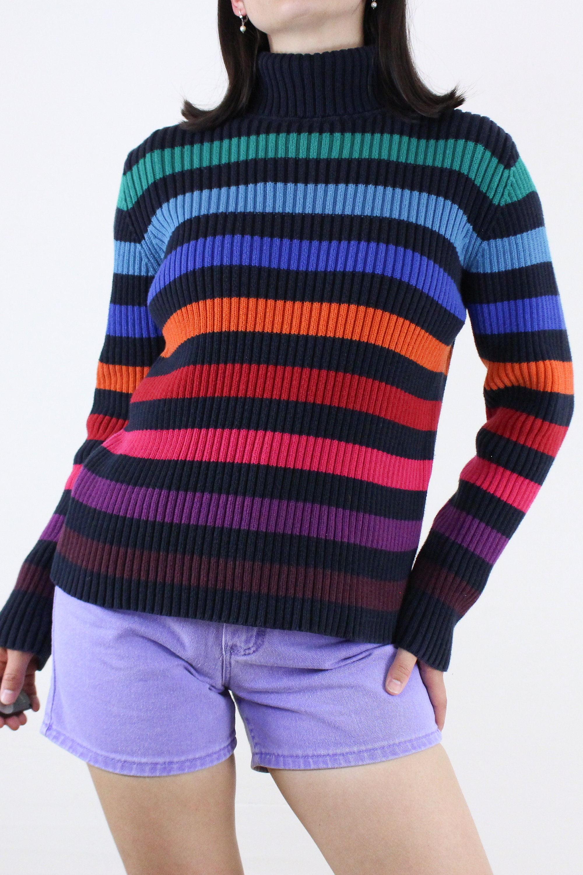 トップス [ItalyVintage]80s MultiColor Turtleneck Vintage 90's Rainbow Ribbed Turtleneck Sweater, Top