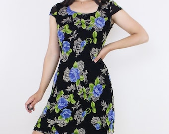 Vintage 90's rayon floral mini dress, American Angel, black w/ green blue tan flowers, cap sleeve, lined, bias cut, grunge moody whimsigoth