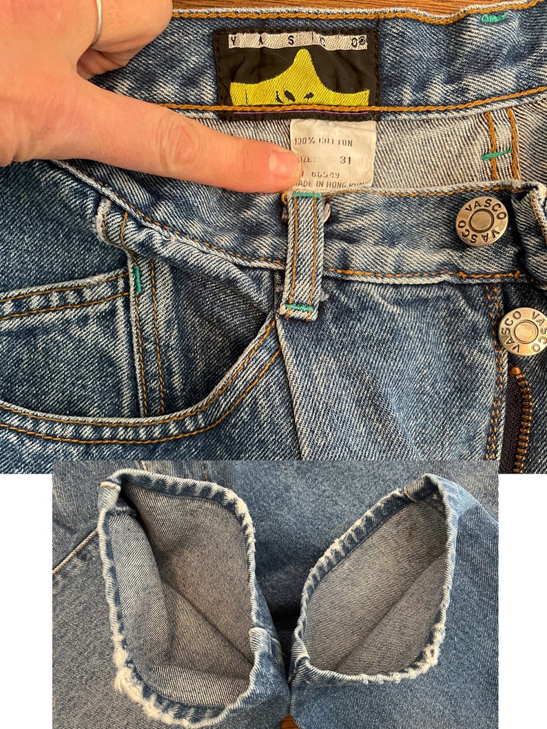 Vintage 90's 29W Vasco jeans, high waisted, high rise, tapered, mom jean, medium wash, 5-pocket, front pleats, two button closure, grunge image 10