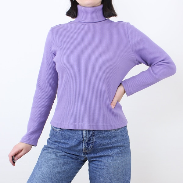 Vintage 90s purple ribbed turtleneck top, Carolyn Taylor, rib knit, lilac, pastel, long sleeve, minimalist, casual, comfy, cotton poly blend