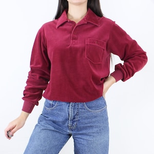 Vintage 70&#39;s/80&#39;s maroon velvety top, collared, 3-button closure, long sleeve, chest pocket, soft, sporty, preppy, casual