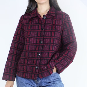 Vintage 90&#39;s magenta & black plaid jacket, knobby weave, collared, button up, lightweight, autumn, fall, acrylic blend, First Option,