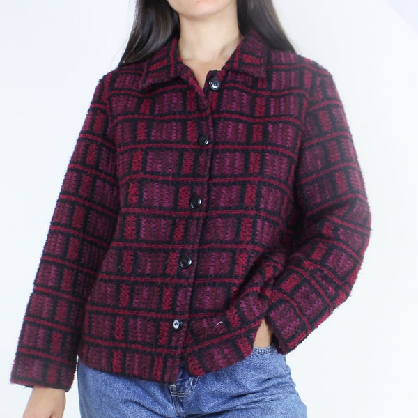 Vintage 90's magenta & black plaid jacket, knobby weave, collared, button up, lightweight, autumn, fall, acrylic blend, First Option,