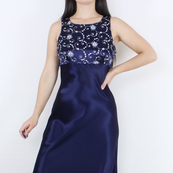 Vintage 90's All That Jazz dark blue tank maxi dress, sequined bust, sleeveless, empire waist, bias cut, satin, prom, formal, New Years Eve