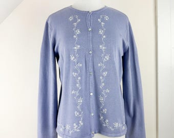Vintage 90&#39;s lavender purple cardigan sweater, flower chain embroidery, beaded, delicate dainty, button front long sleeve, minimalist, fairy