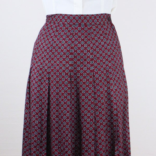 Vintage 90's 27W J. G. Hook pleated midi skirt, rayon, burgundy w/ unique tiny square pattern, drop pleats, preppy, academic, grunge