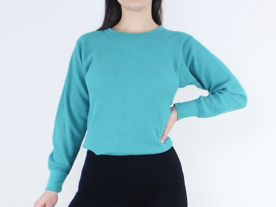 Vintage 90's teal thermal top, Northwest Territory, bright, waffle