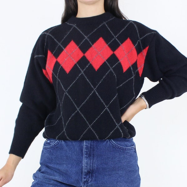 Vintage 90's lambswool angora blend pullover sweater, black w/ red gray argyle, Rafaella, soft rabbit hair, soft, winter, grunge, minimalist